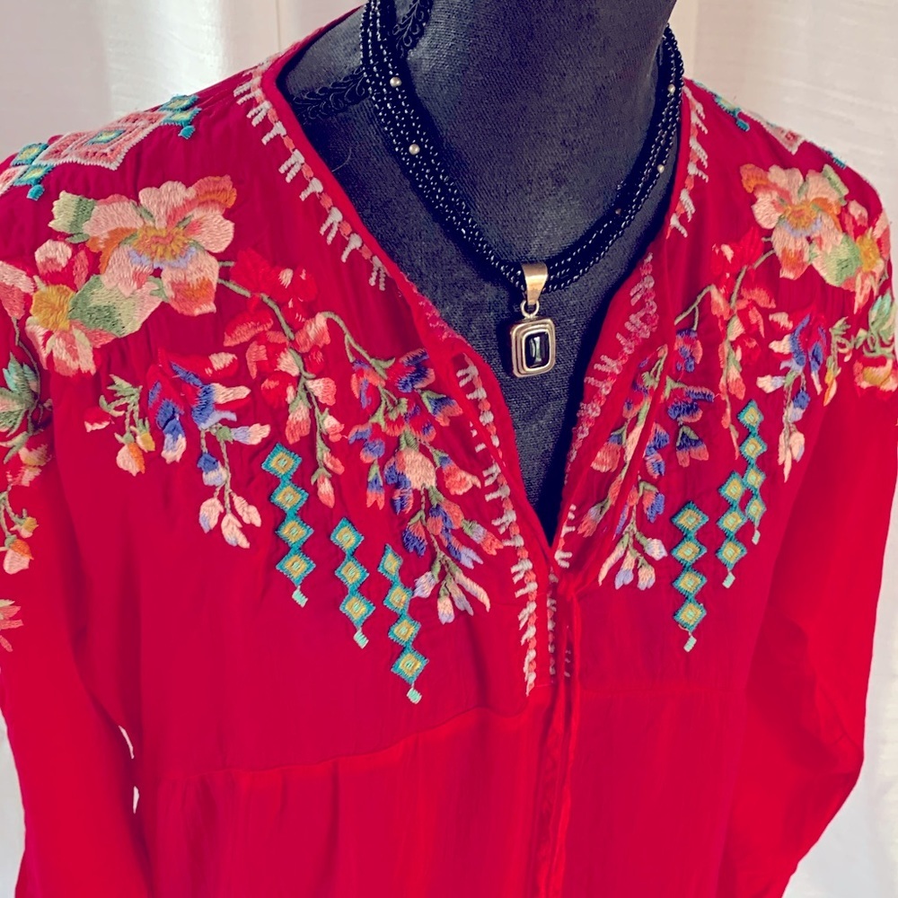 Johnny Was Embroidered Floral Peasant Blouse Pink Red Petite Medium